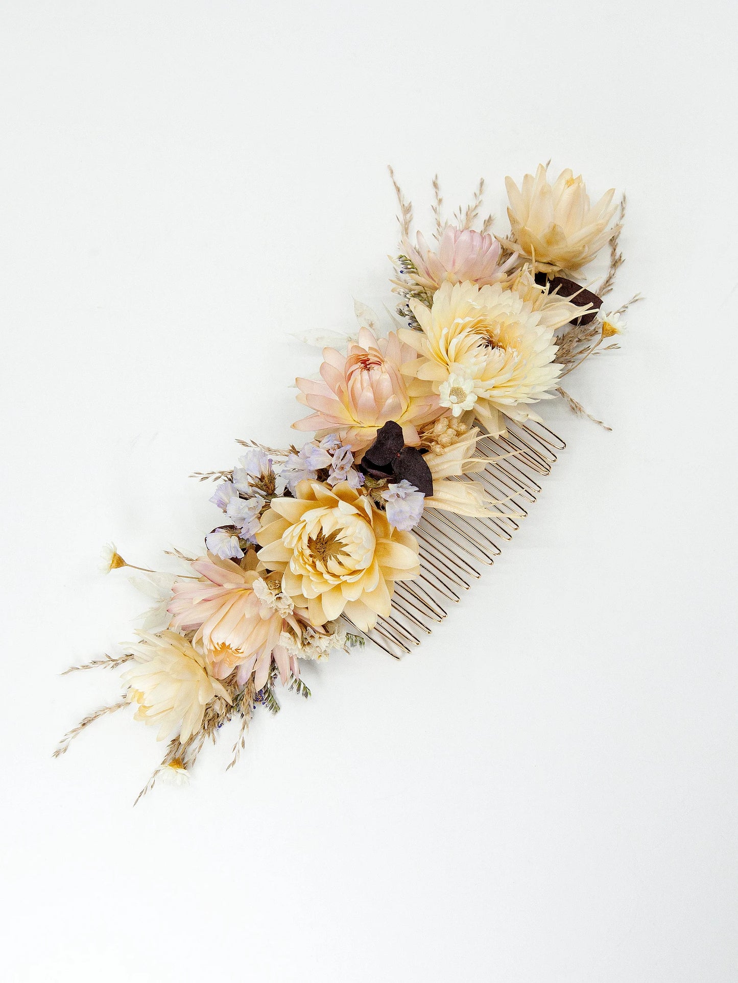 Dried Beige Blush Pink Strawflower Bridal Hair Comb