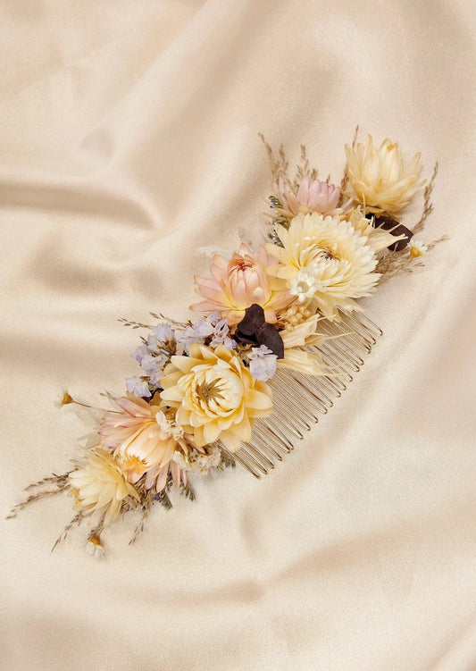 Dried Beige Blush Pink Strawflower Bridal Hair Comb